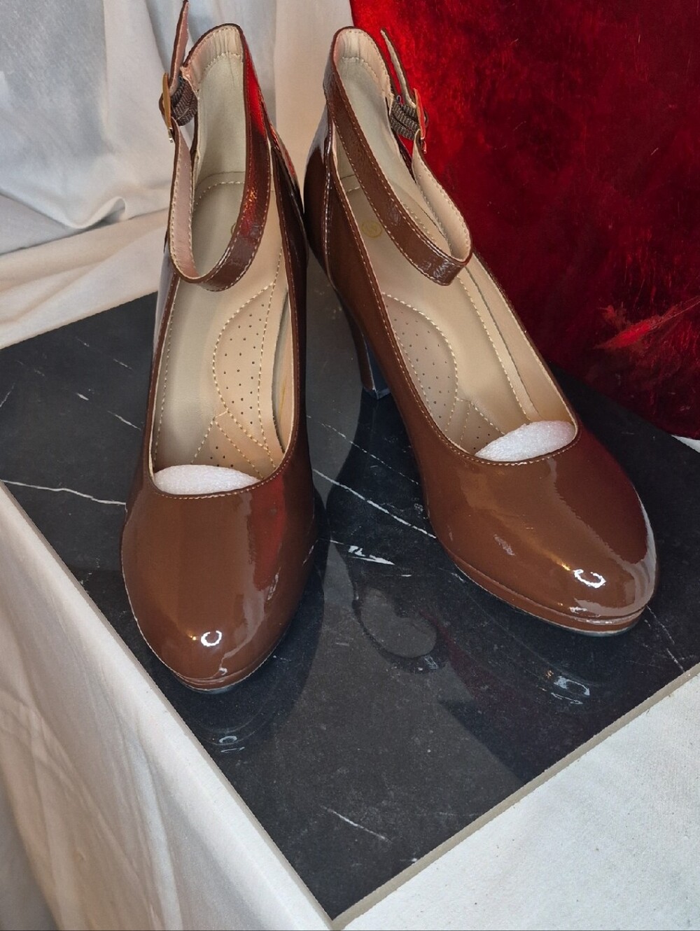 WS48- Patent Brown Mary Jane Heels with Ankle Strap - sz 9.5 (listed as 41)